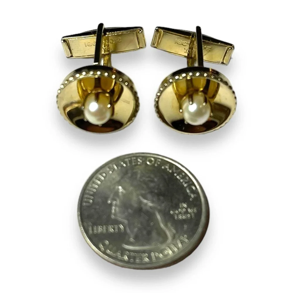 Vintage Gold Tone Imitation Pearl Cufflinks Prong Set Bead Edge Locking